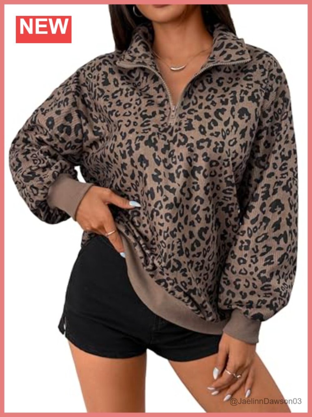 Womens Leopard Print Quarter Zip Sweatshirt Corduroy Pullover Loose Fit